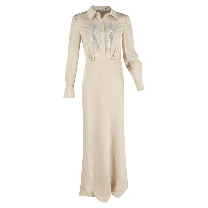 Self-Portrait Embroidered-Design Maxi Dress In Cream Satin